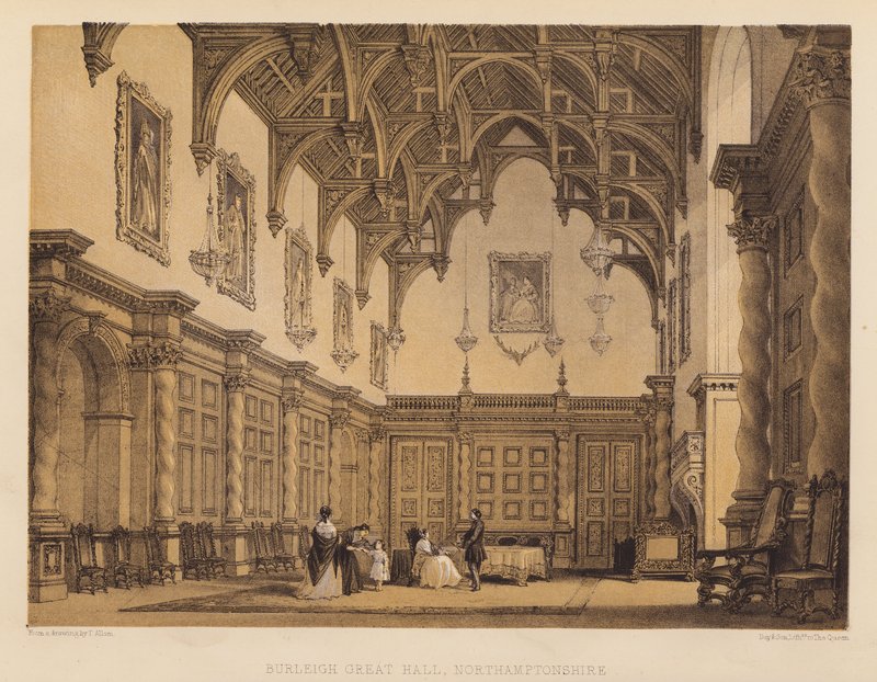 Burleigh Büyük Salon, Northamptonshire (aquatint) by Thomas (after) Allom