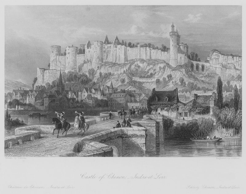 Chinon Kalesi, Indre-et-Loir (gravür) by Thomas (after) Allom