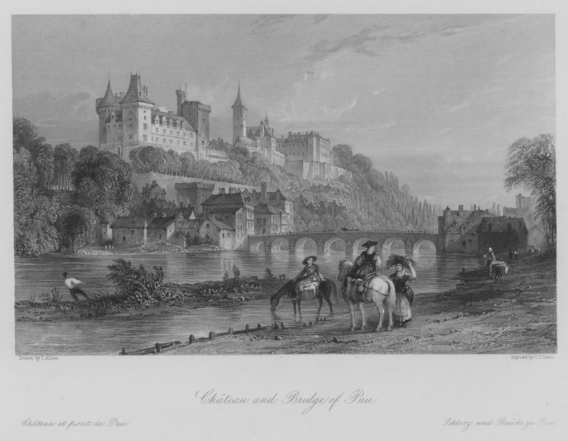 Şato ve Pau Köprüsü (gravür) by Thomas (after) Allom