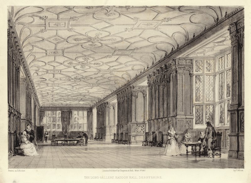 Uzun Galeri, Haddon Hall, Derbyshire (lithotint) by Thomas Allom