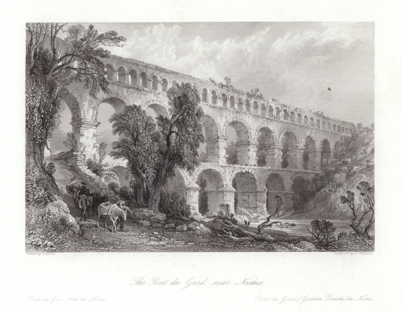 Nismes yakınlarındaki Pont du Gard by Thomas Allom