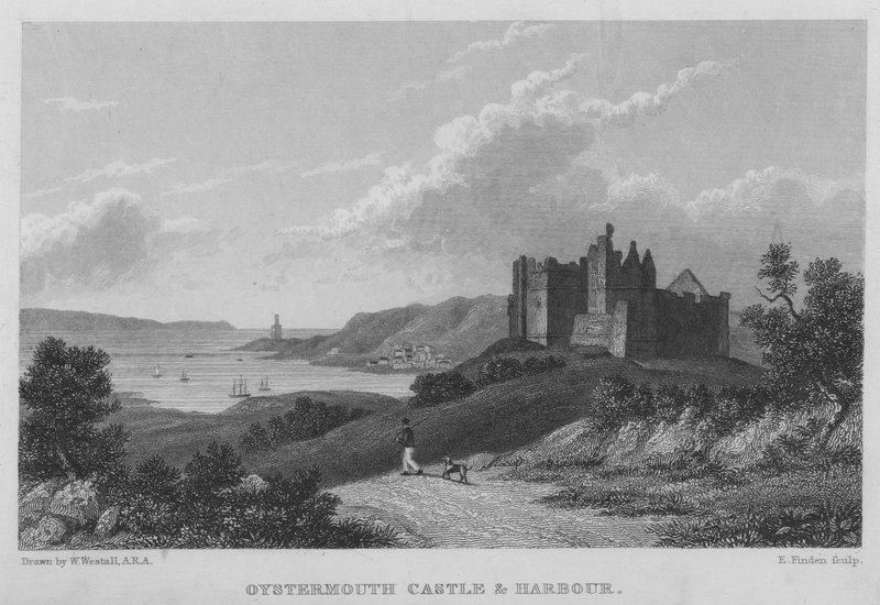 Oystermouth Kalesi ve Limanı (gravür) by William (after) Westall
