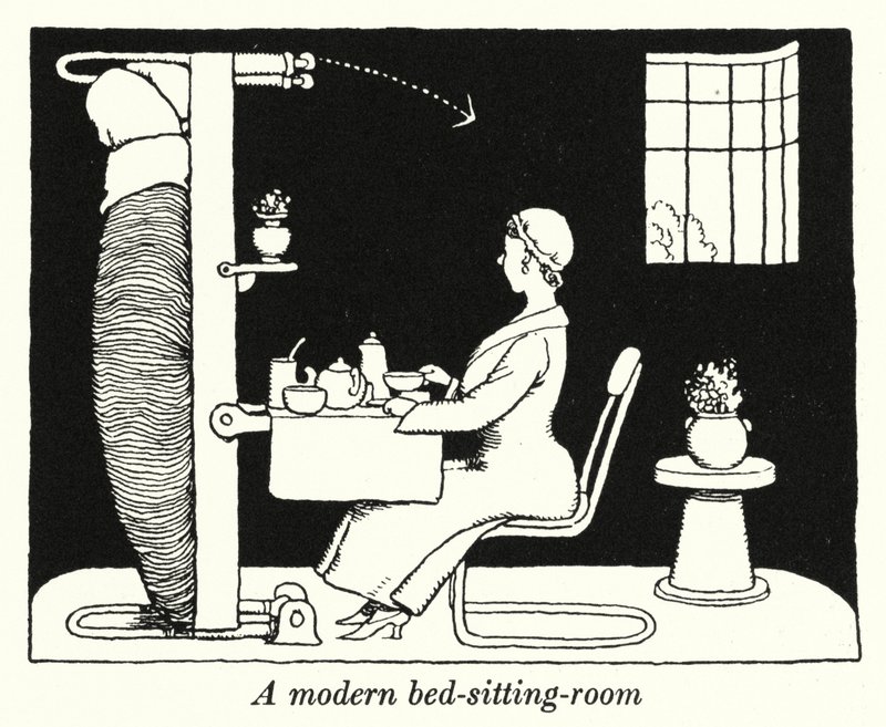 Modern bir yatak-oturma odası (litho) by William Heath Robinson
