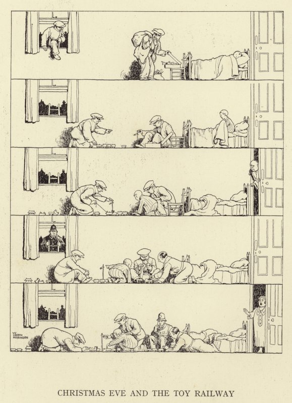 Noel arifesi ve oyuncak demiryolu by William Heath Robinson