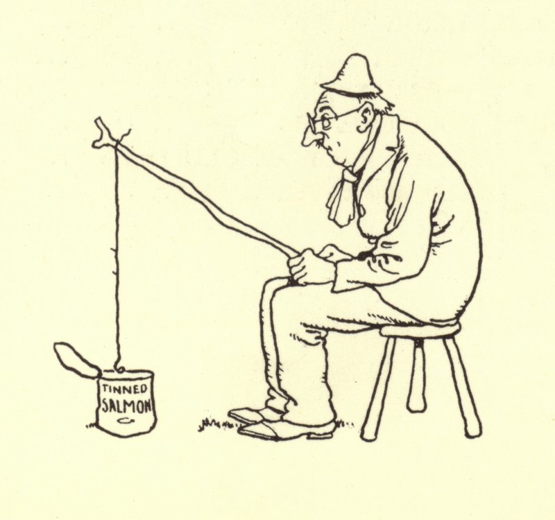 Konserve somon balığı için balık tutan adam by William Heath Robinson