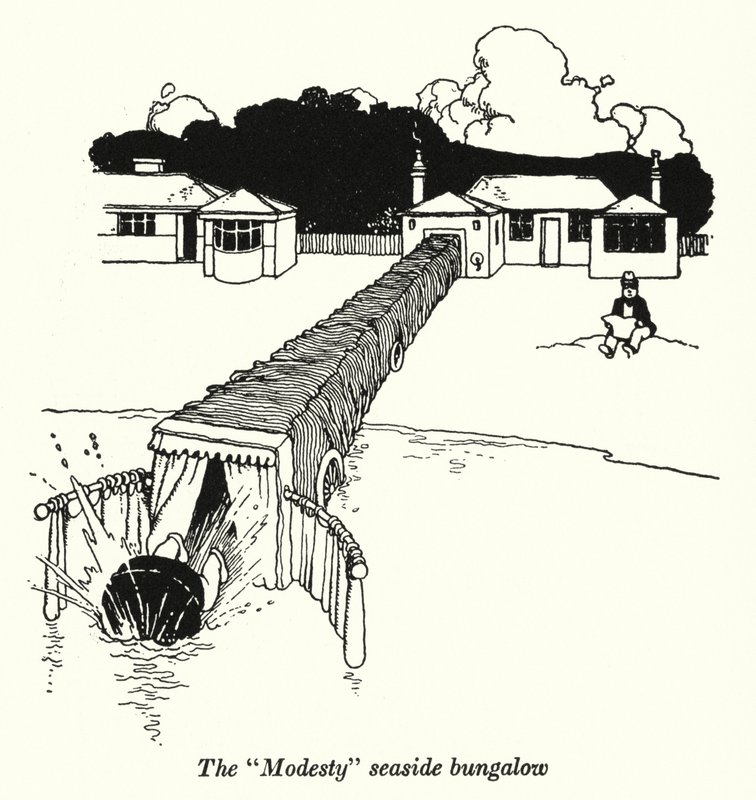 "Modesty" sahil bungalovu (litho) by William Heath Robinson