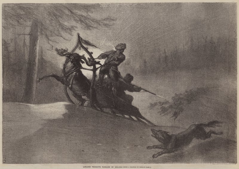 Kurtlar tarafından takip edilen Lapland Köylüleri by Gustave after Dore