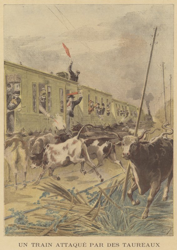 Boğaların saldırısına uğrayan bir tren by after Henri Meyer